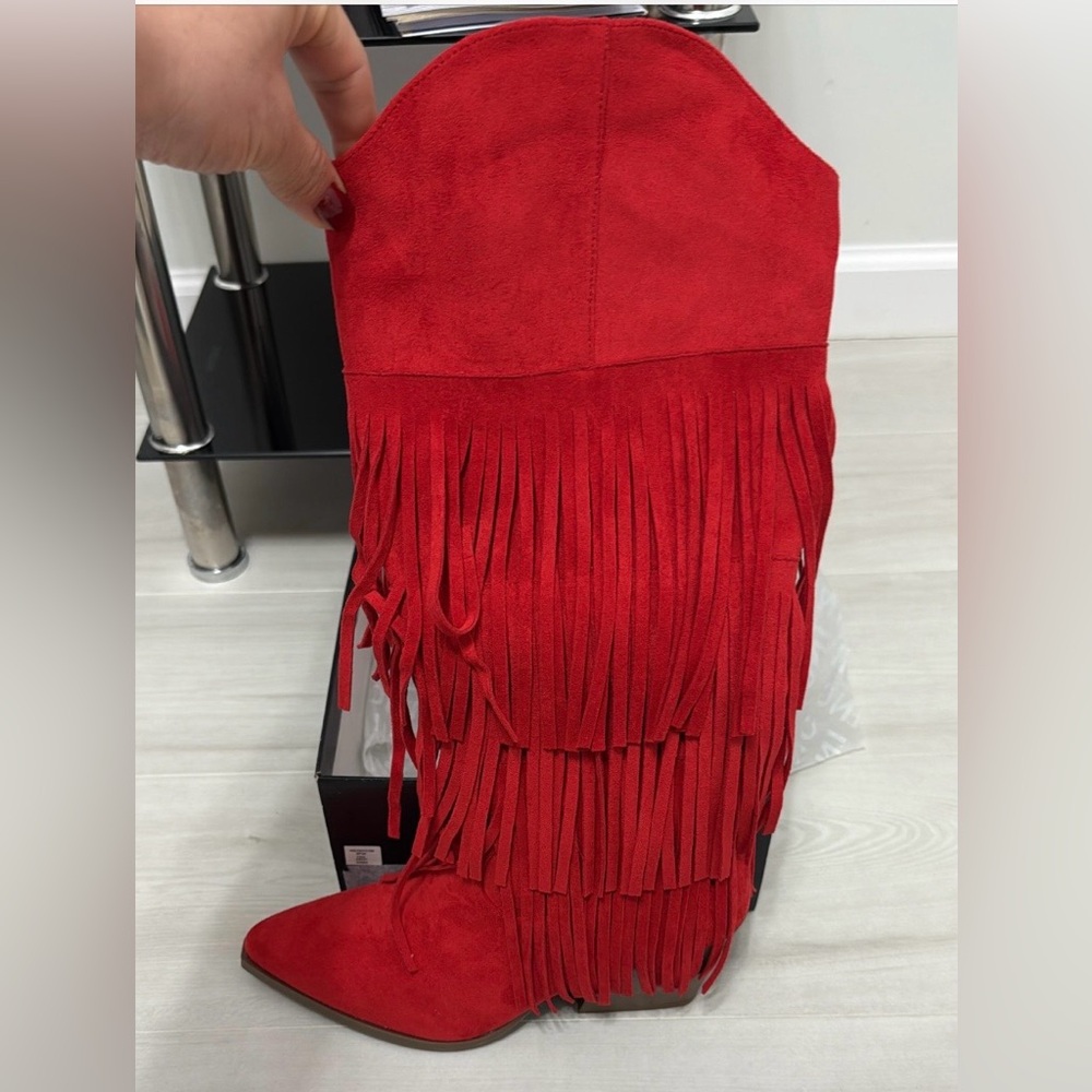 Inc International Concepts Red Fringe Suede Women's Boots Size 8.5 NWT